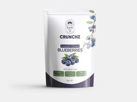 A stand-up pouch of Earth Recipes Crunchz freeze-dried raspberries with a clean white design featuring vibrant raspberry illustrations. Labels highlight 'No Sugar Added,' 'Healthy Snack,' and 'No Additives.