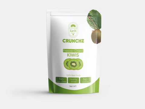 A stand-up pouch of Earth Recipes Crunchz freeze-dried kiwi in a white and green design featuring vibrant kiwi illustrations. Labels display 'No Sugar Added,' 'Healthy Snack,' and 'No Additives.