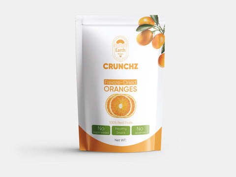 A stand-up pouch of Earth Recipes Crunchz freeze-dried oranges in a white and orange design, showing juicy orange illustrations. Labels emphasize 'No Sugar Added,' 'Healthy Snack,' and 'No Additives.'