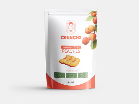 A stand-up pouch of Earth Recipes Crunchz freeze-dried peaches in a white and peach-colored design with fresh peach illustrations. Labels include 'No Sugar Added,' 'Healthy Snack,' and 'No Additives.'