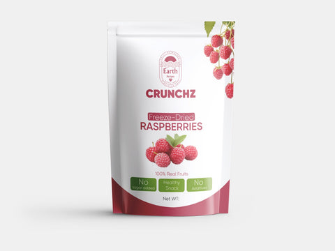 A stand-up pouch of Earth Recipes Crunchz freeze-dried raspberries with a clean white design featuring vibrant raspberry illustrations. Labels highlight 'No Sugar Added,' 'Healthy Snack,' and 'No Additives.